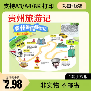 贵州旅行记手账手抄报旅游所见贵州名胜古迹假期导游图美食风景-虚拟仓发货
